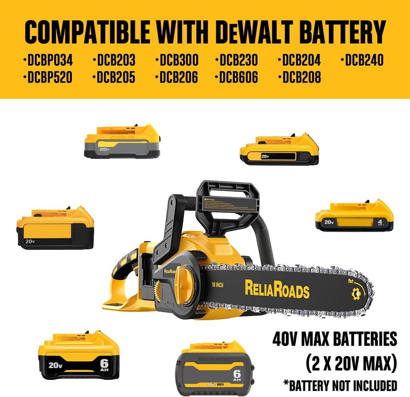 ReliaRoads 16-Inch Brushless Chainsaw, 40V (2 x 20V MAX) Cordless Battery Powered Chain Saw Compatible DeWALT Battery, Ideal for Wood/Tree Cutting, Pruning, Tool Only (Battery Not Included) - Image 2